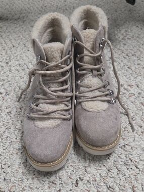 Faux-Shearling Suede Lace-Up Hiker Boots - Taupe